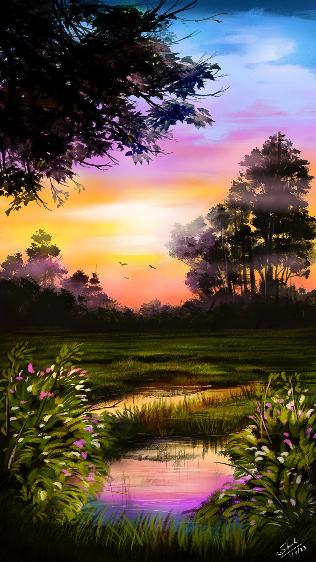 Sunset landscape with a river and flowers