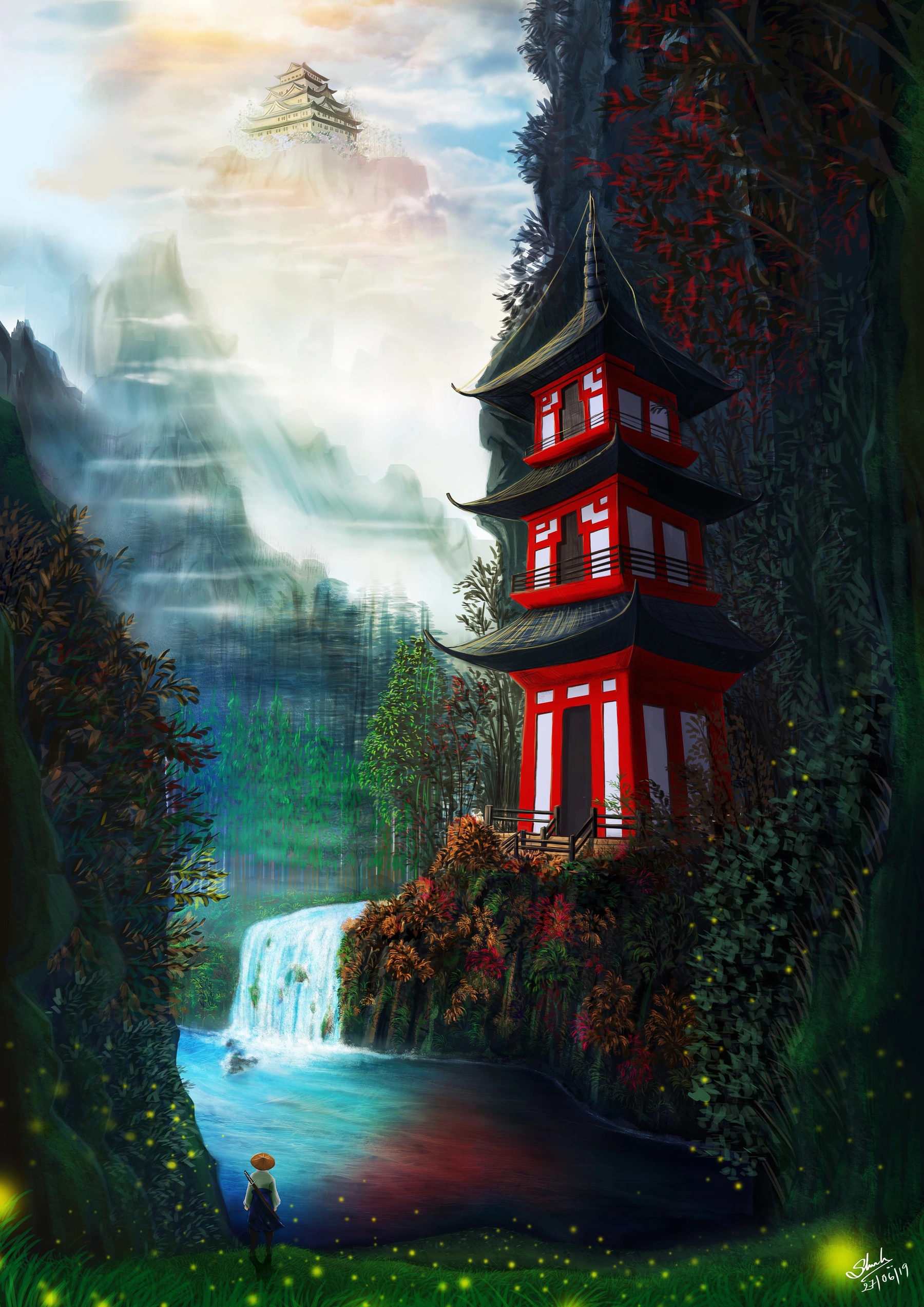 Red pagoda overlooking a waterfall
