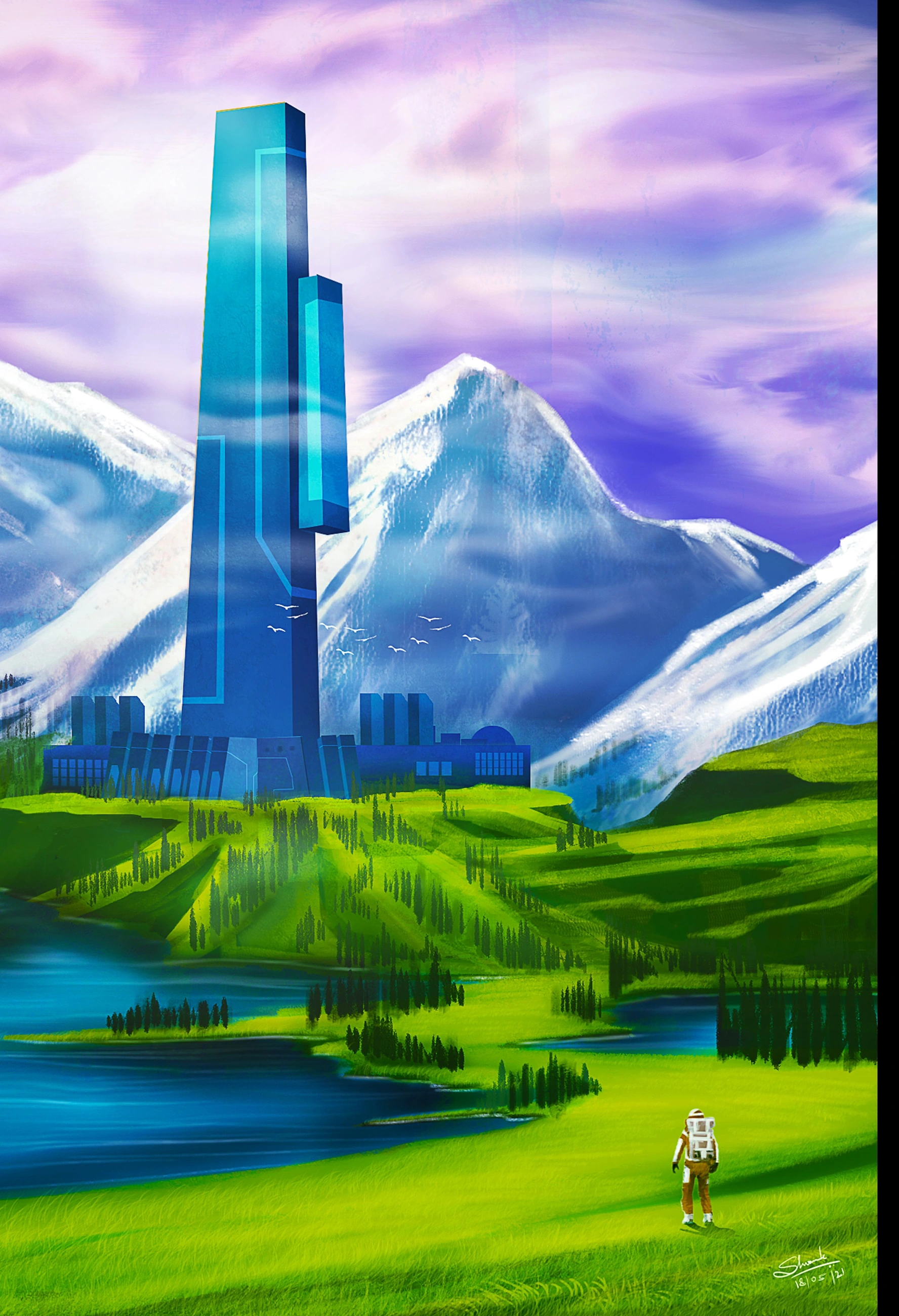 Futuristic tower in a mountain valley