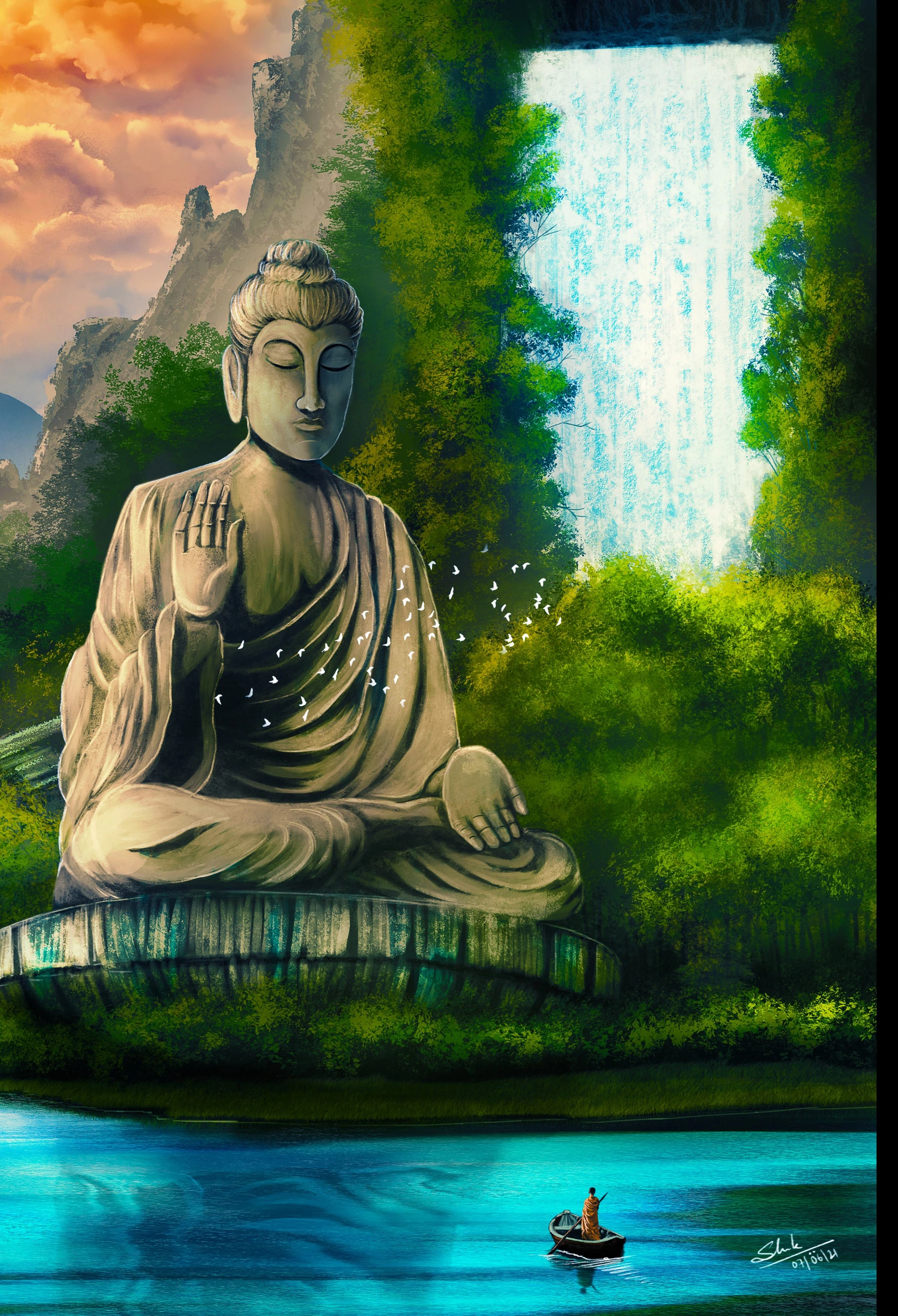 Buddha statue beside a waterfall