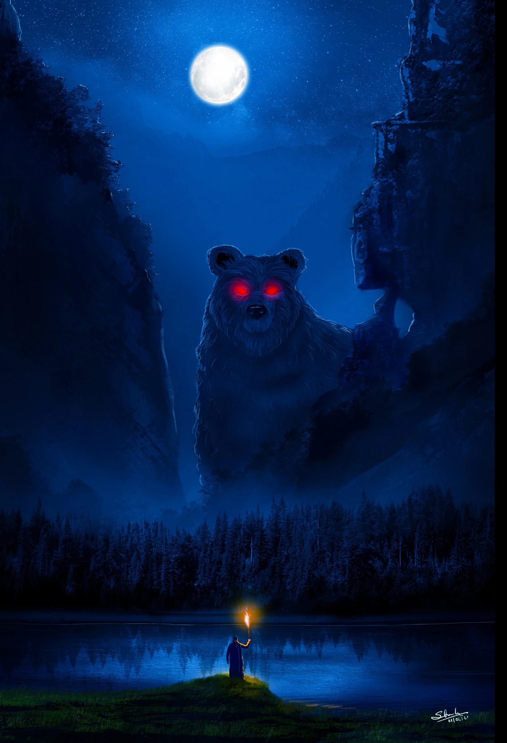 Moonlit blue landscape with a bear