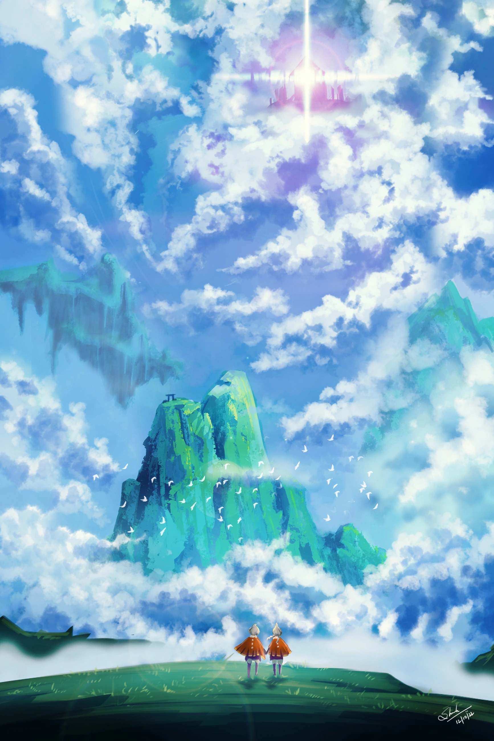 Mountain peak among luminous clouds