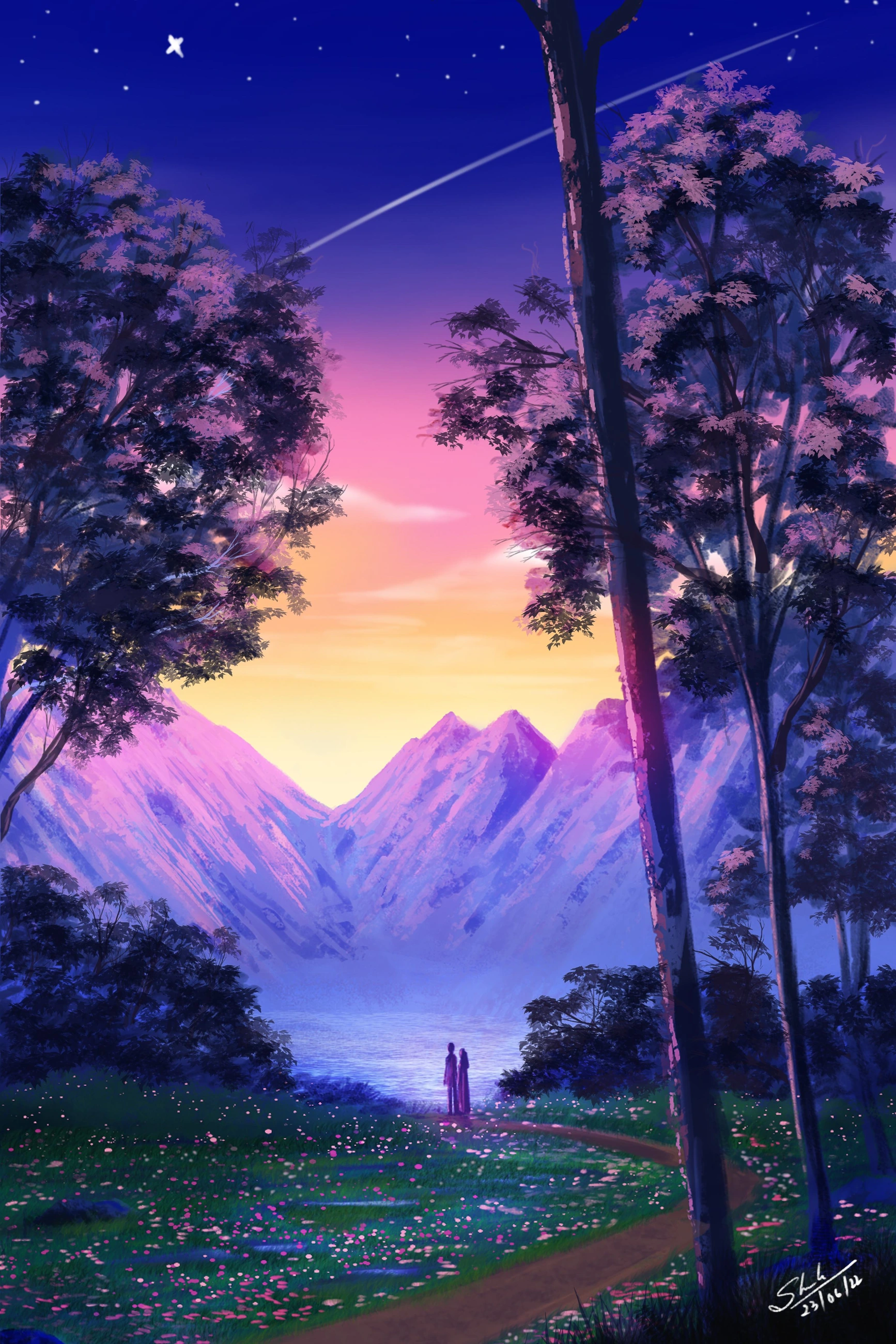Violet mountain landscape at dusk
