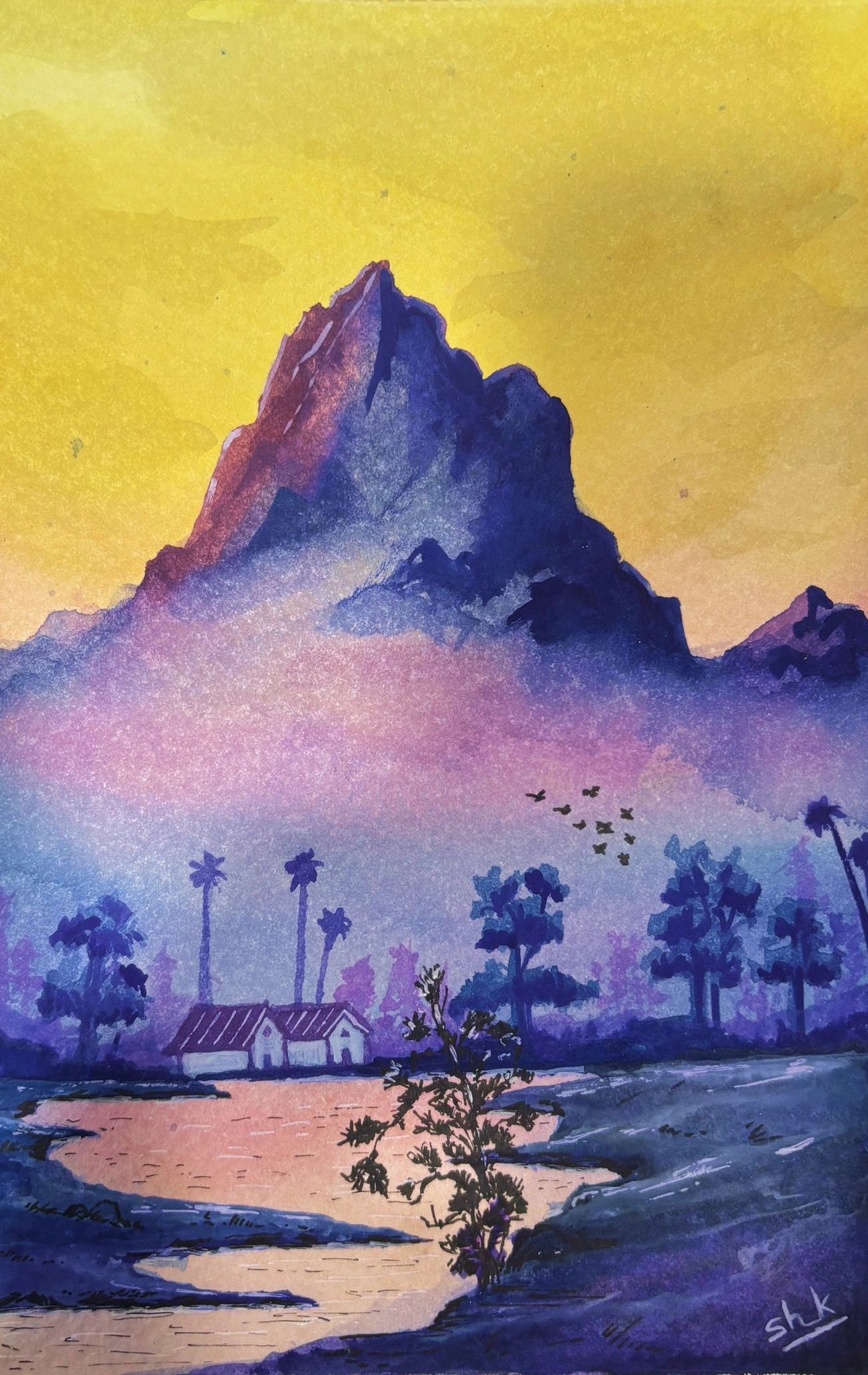 Purple mountain and village beside a river under a yellow sky