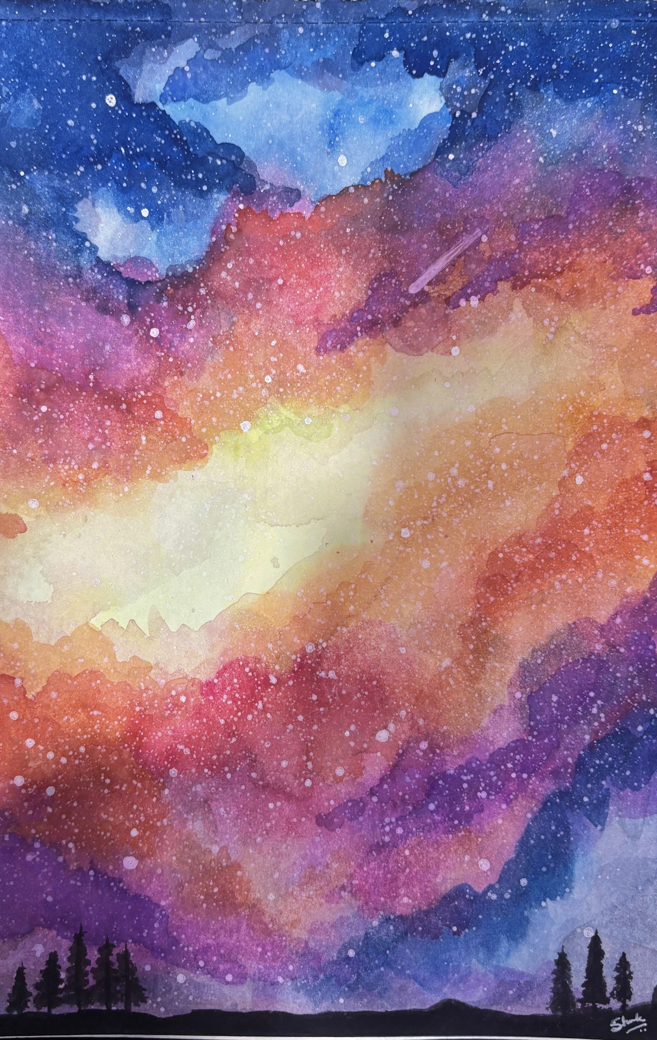 Watercolor galaxy in blue, pink and gold