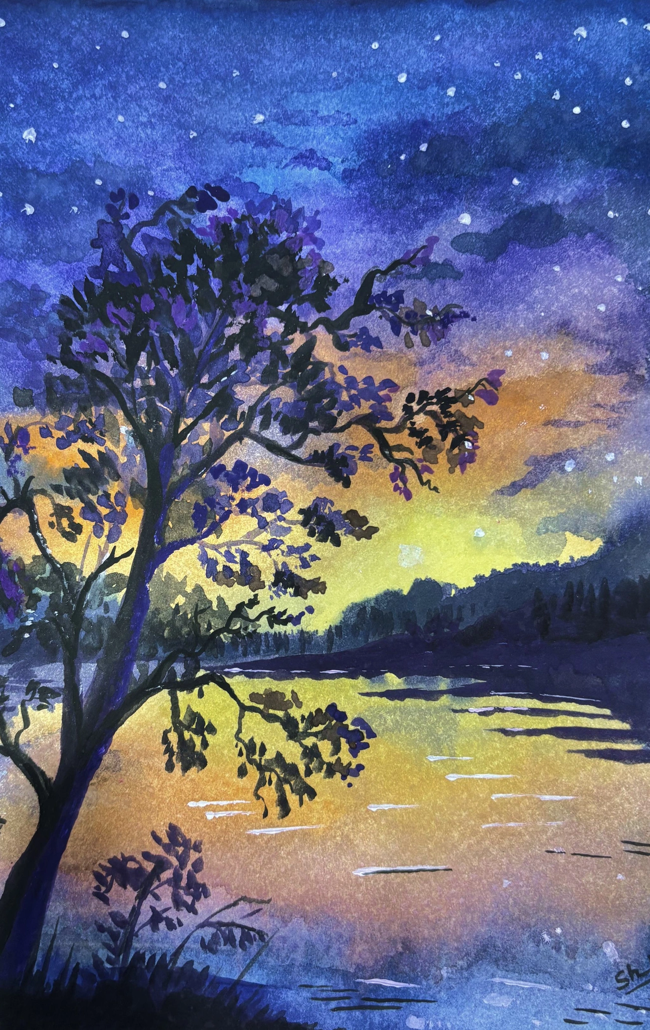 Tree beside a lake under a blue night sky